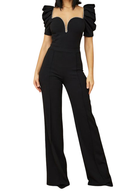 Ruffle Sleeve Jewel Trimmed Jumpsuit